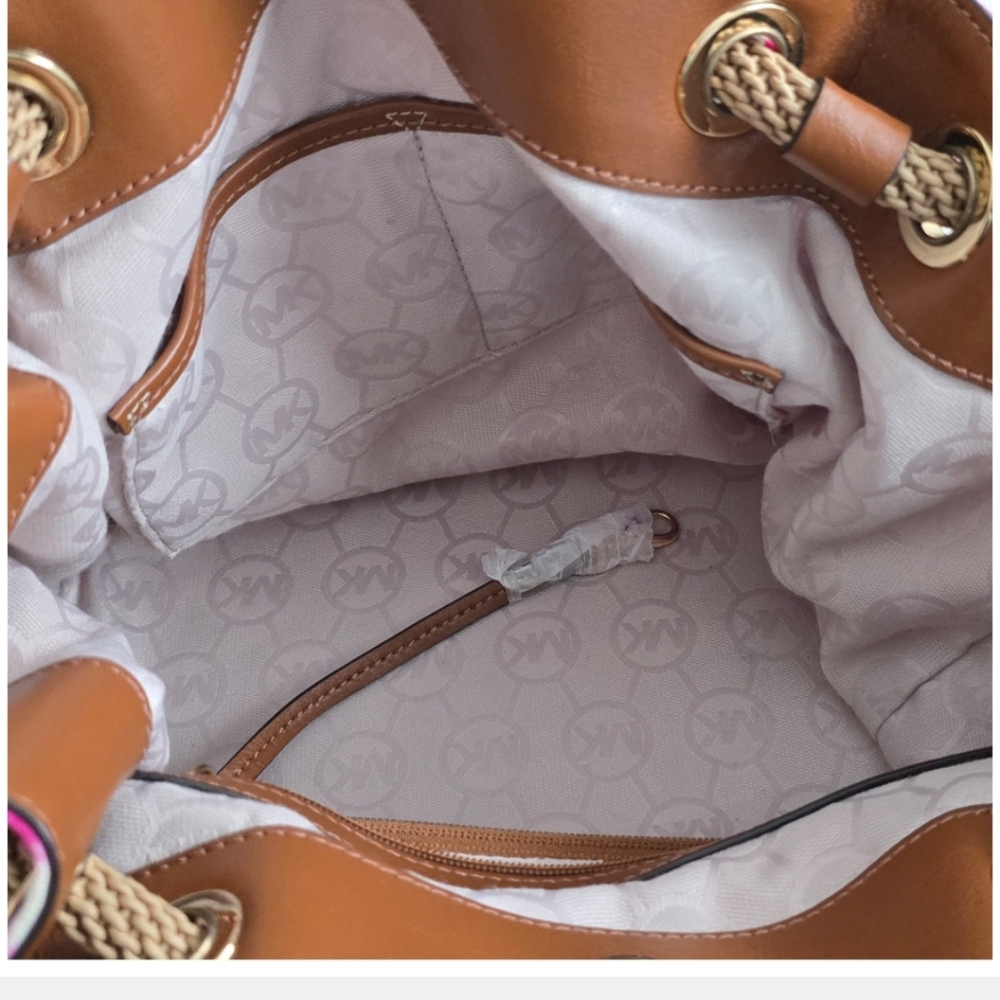 MICHAEL KORS MARINA Large Gathered Pink Tie-Dyed Canvas Drawstring Tassel Bag - Picture 9 of 16